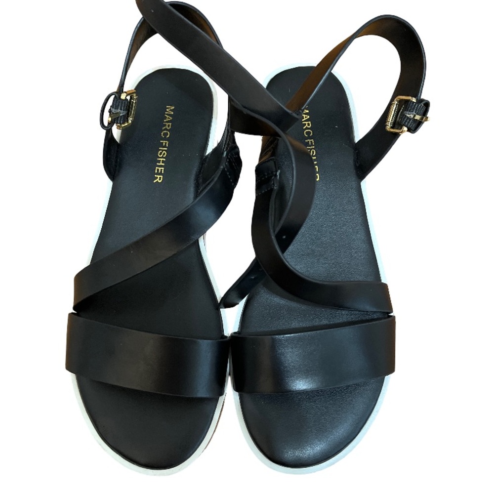 Marc Fisher Black Strappy Sandals with Cork Wedge NEW - Picture 2 of 4